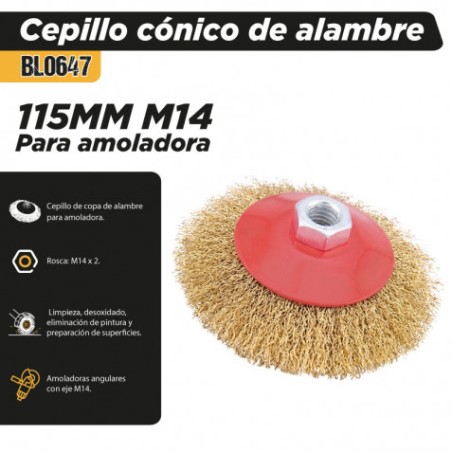 CEPILLO CÓNICO DE ALAMBRE 115MM M14 PARA AMOLADORA BLIM