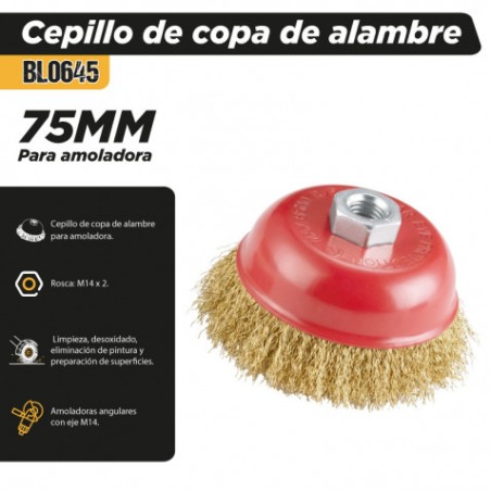 CEPILLO DE COPA DE ALAMBRE 75MM M14 PARA AMOLADORA BLIM