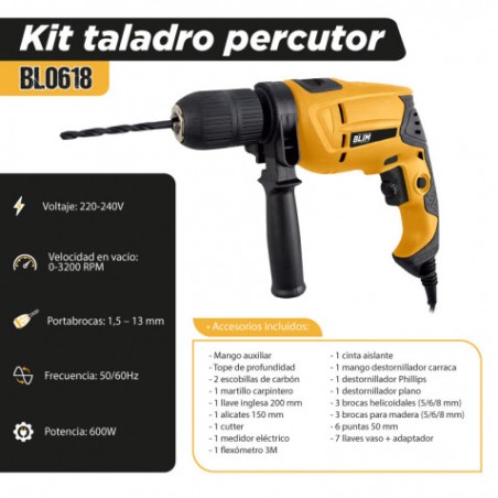 KIT TALADRO PERCUTOR 600W + 30 HERRAMIENTAS BLIM