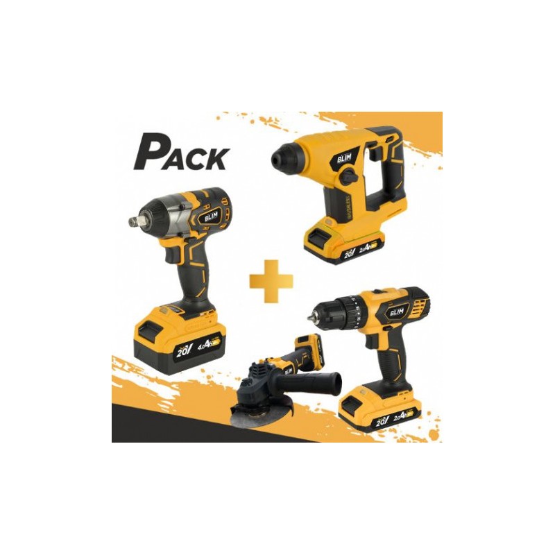PACK 20V TALADRO + LLAVE DE IMPACTO + RADIAL + MARTILLO + 3 BATERIAS BLIM