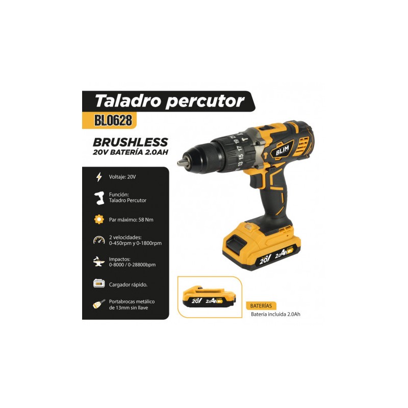 TALADRO PERCUTOR 20V BATERIA 2AH BLIM