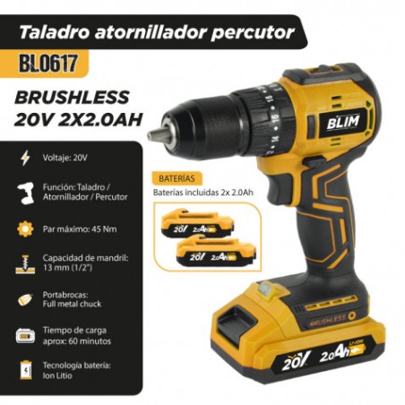 TALADRO ATORNILLADOR PERCUTOR BRUSHLESS 20V 2X2.0AH BLIM