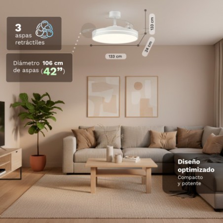 VENTILADOR DE TECHO 42" LED BLANCO 30W ASPAS RETRACTILES GRUNKEL