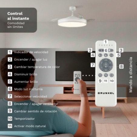 VENTILADOR DE TECHO 42" LED BLANCO 30W ASPAS RETRACTILES GRUNKEL