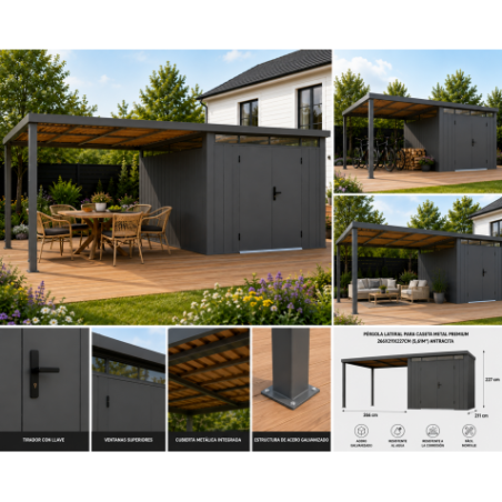 PÉRGOLA LATERAL PARA CASETA METAL PREMIUM 266X211X227CM (5.61M2) ANTRACITA