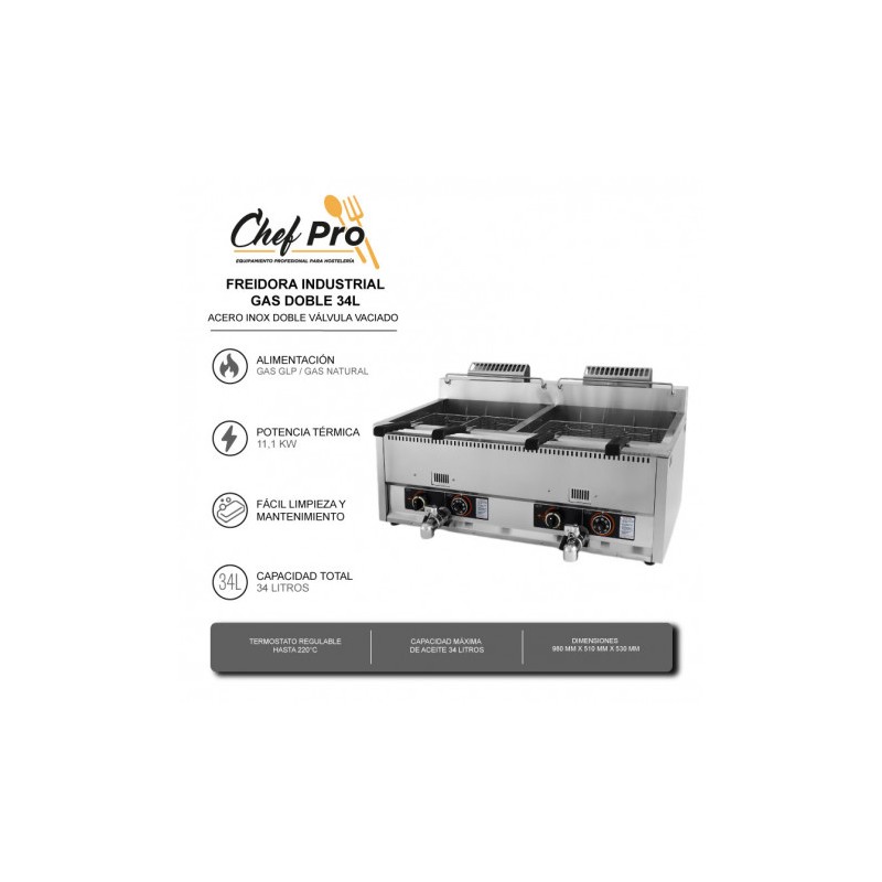 FREIDORA INDUSTRIAL GAS DOBLE 34L...
