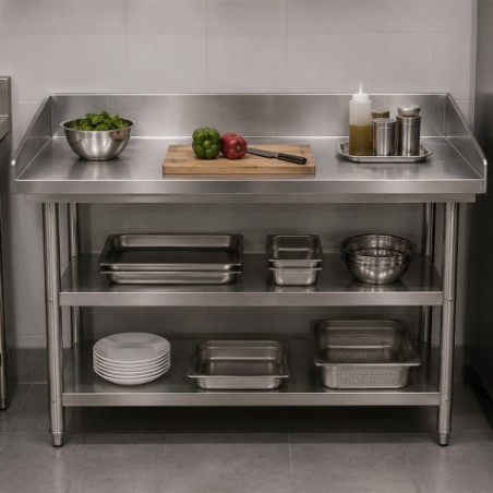 MESA PARRILLERA CON 2 ESTANTES Y PETO ACERO INOX 120X48.5CM CHEF PRO