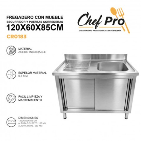 FREGADERO CON MUEBLE, ESCURRIDOR Y PUERTAS CORREDERAS 120X60X85CM CHEF PRO