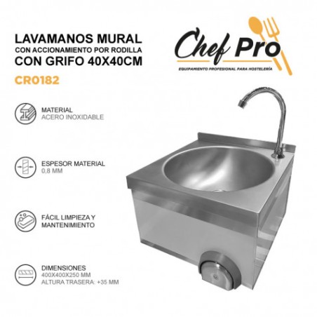 LAVAMANOS MURAL CON ACCIONAMIENTO POR RODILLA CON GRIFO 40X40CM CHEF PRO