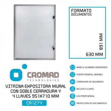 VITRINA ANUNCIOS MURAL CON DOBLE CERRADURA Y 4 LLAVES 951X710 MM CROMAD