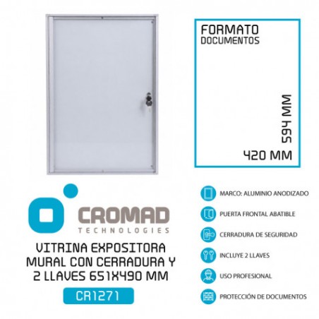 VITRINA ANUNCIOS MURAL CON CERRADURA Y 2 LLAVES 651X490 MM CROMAD