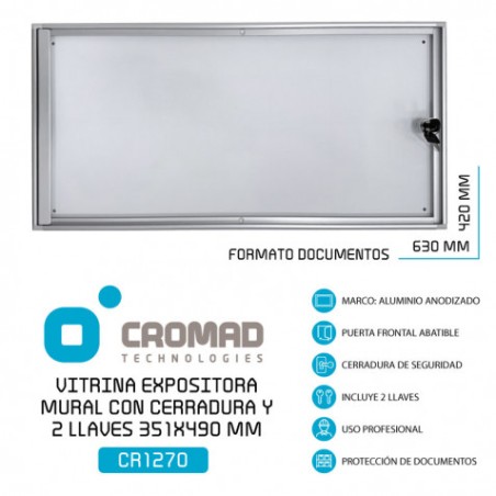 VITRINA ANUNCIOS MURAL CON CERRADURA Y 2 LLAVES 710X351 MM CROMAD