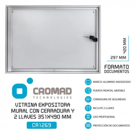 VITRINA ANUNCION MURAL CON CERRADURA Y 2 LLAVES 351X490 MM CROMAD