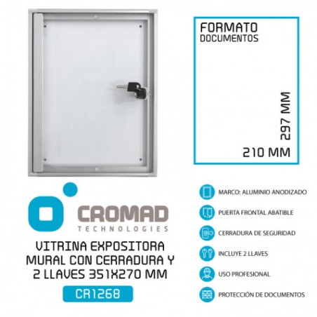 VITRINA ANUNCIOS MURAL CON CERRADURA Y 2 LLAVES 351X270 MM CROMAD