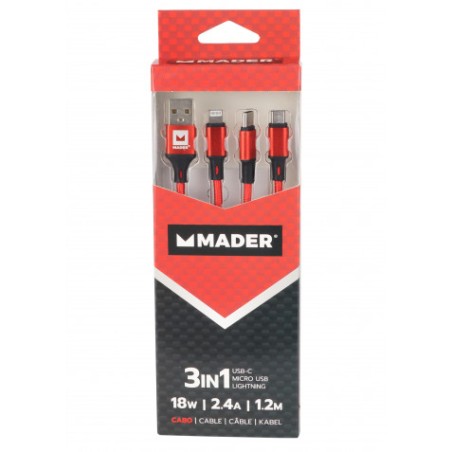 CABLE 3EN1 USBC, USBA, LIGHTNING 1.2M MADER
