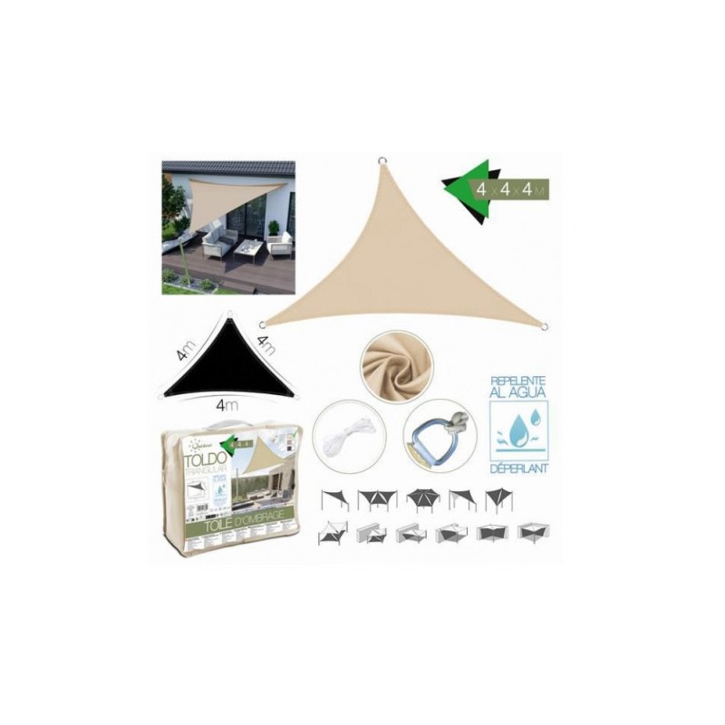 TOLDO TRIANGULAR 4X4X4 METROS BEIGE CON BOSLA