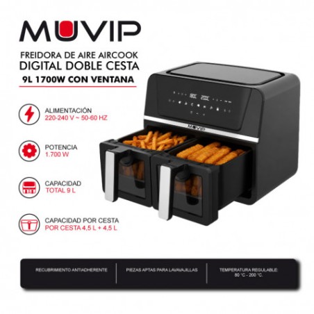 FREIDORA DE AIRE AIRCOOK DIGITAL DOBLE CESTA 9L 1700W CON VENTANA MUVIP