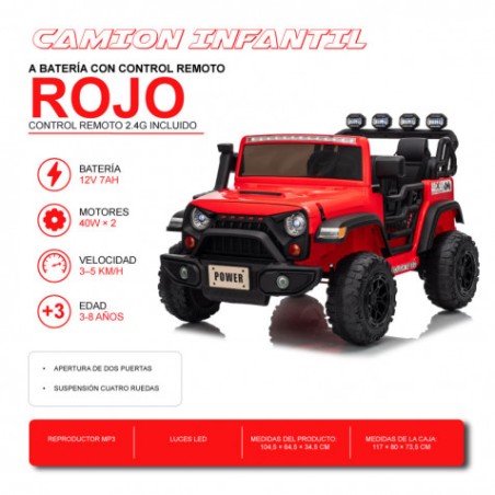 COCHE INFANTIL A BATERIA CON CONTROL REMOTO JEEP 4X4 ROJO