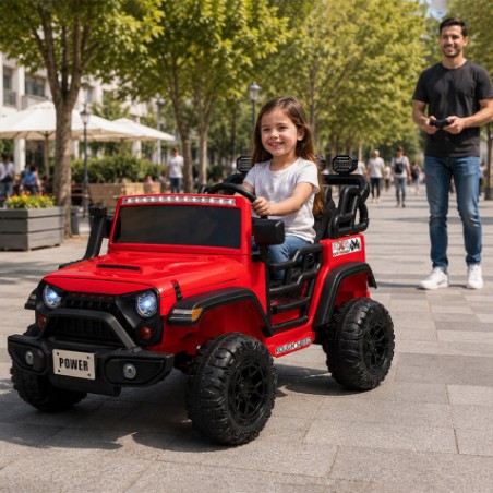 COCHE INFANTIL A BATERIA CON CONTROL REMOTO JEEP 4X4 ROJO