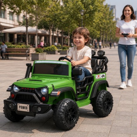 COCHE INFANTIL A BATERIA CON CONTROL REMOTO JEEP 4X4 VERDE