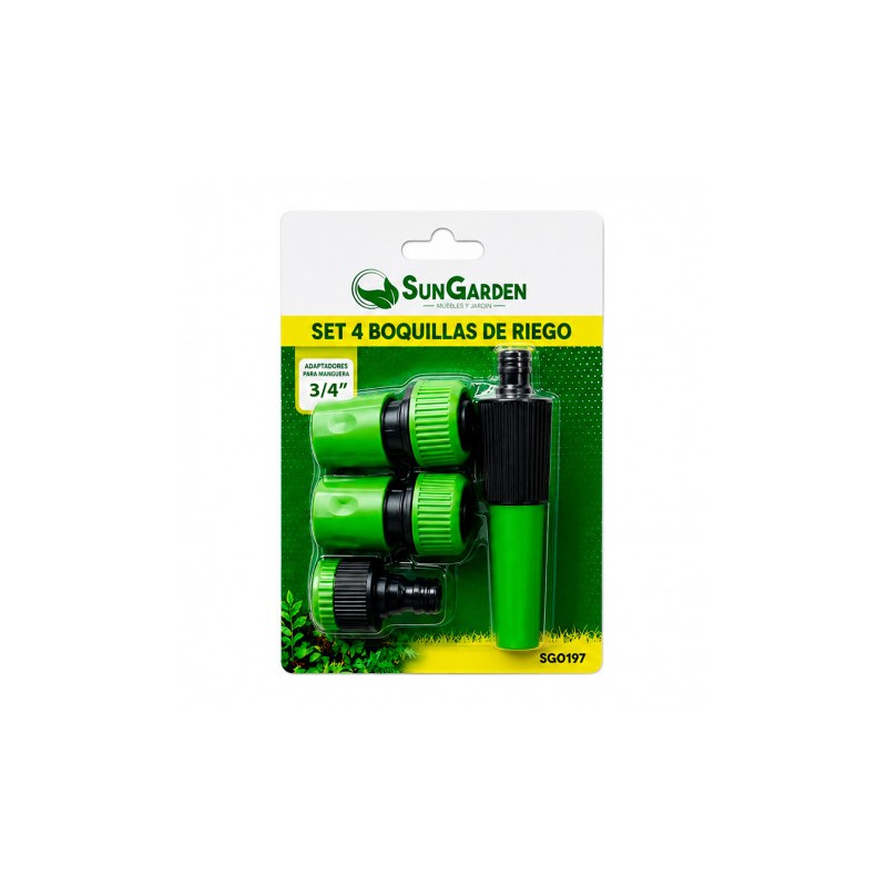 SET 4PCS BOQUILLA DE RIEGO + ADAPTADORES PARA MANGUERA 3/4" SUNGARDEN