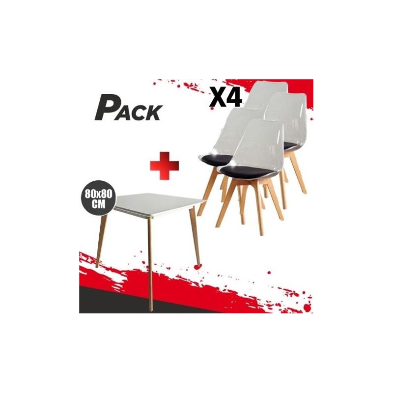 MESA DESIGN D900 80X80CM BLANCA + 4 SILLAS DESIGN D1000 TRANS+NEGRO