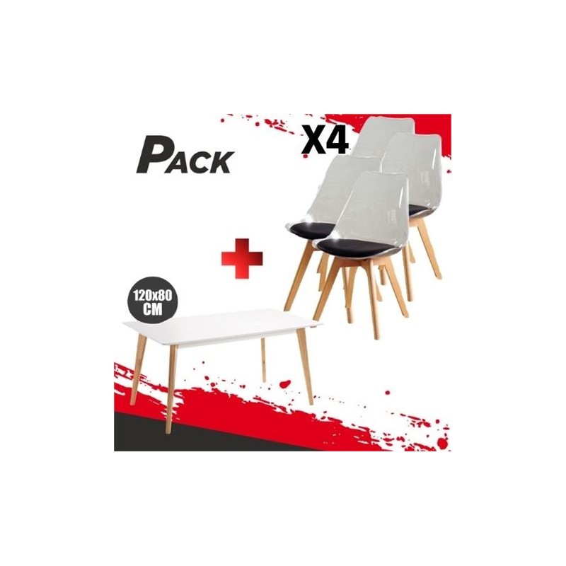 MESA DESIGN D900 120X80CM BLANCA + 4 SILLAS DESIGN D1000 TRANS+NEGRO