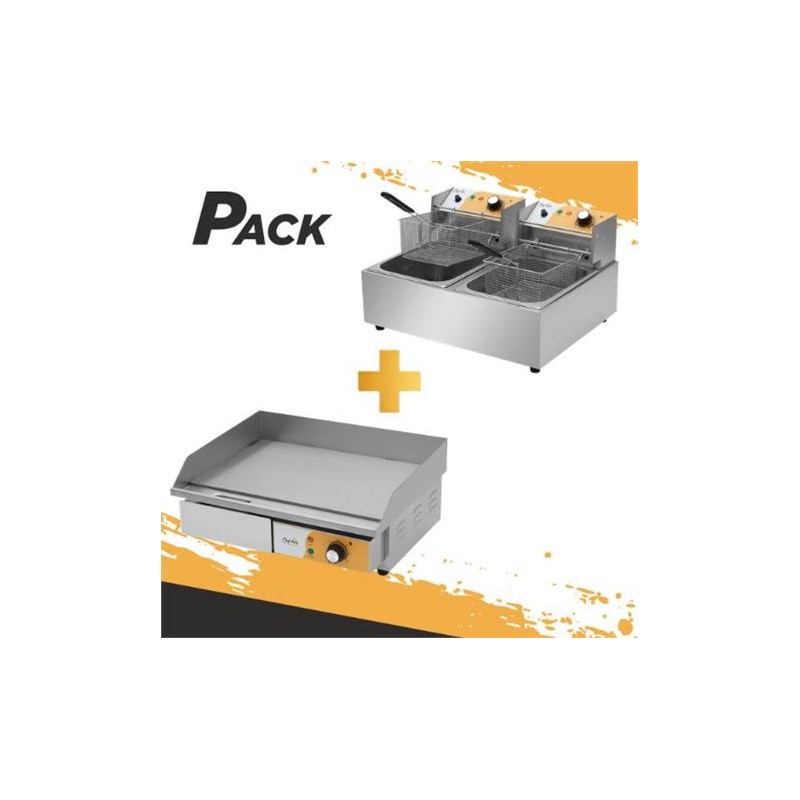 PLANCHA PROFESIONAL SUPERFICIE LISA 3000W + FREIDORA PROFESIONAL DOBLE 9+9L