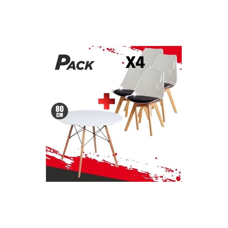 MESA REDONDA DESIGN D500 80CM BLANCA + 4 SILLAS DESIGN D1000 TRANS+NEGRO