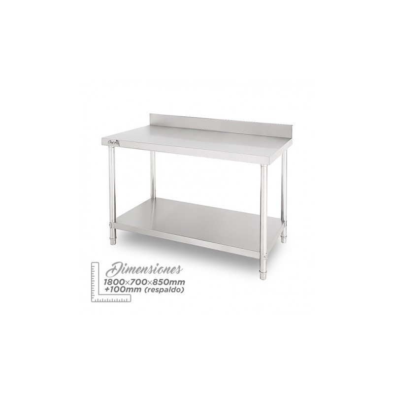 MESA DE TRABAJO ACERO INOXIDABLE 180X70X85CM CON RESPALDO CHEF PRO