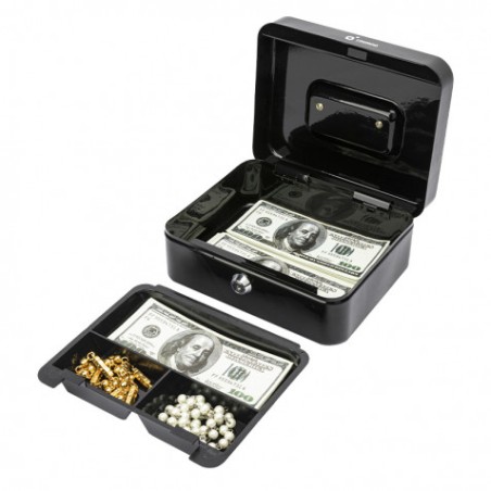 CAJA DE CAUDALES METÁLICA CON LLAVE 9X20X16CM 3 COMPARTIMENTOS CROMAD