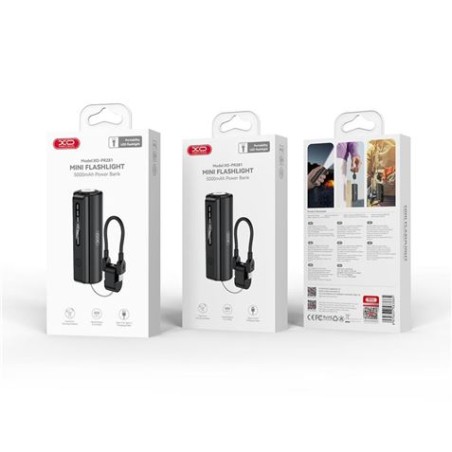 MINI POWERBANK 5000MAH CON LINTERNA Y CABLE TIPO C PR281 NEGRO XO