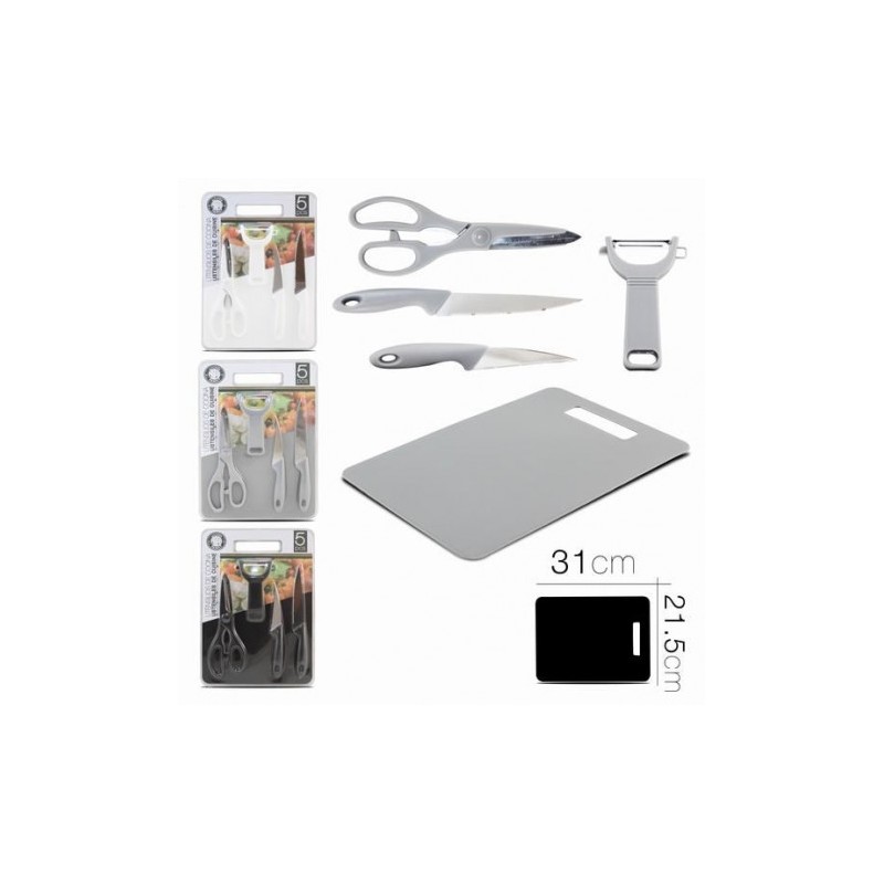 SET TIJERAS + PELADOR + 2 CUCHILLOS + TABLA DE CORTE