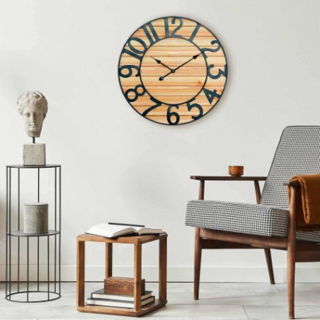 RELOJ PARED VINTAGE NEGRO/MADERA CLARA 60CM