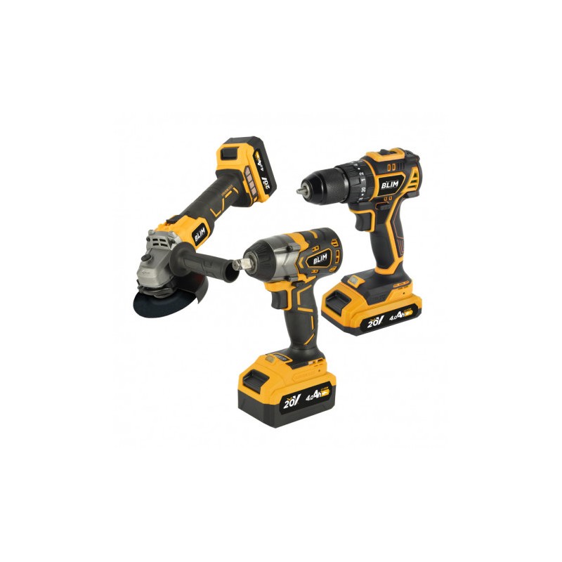 PACK 20V TALADRO + LLAVE IMPACTO + RADIAL S/CARBONES | 2 BATERIAS 4AH BLIM