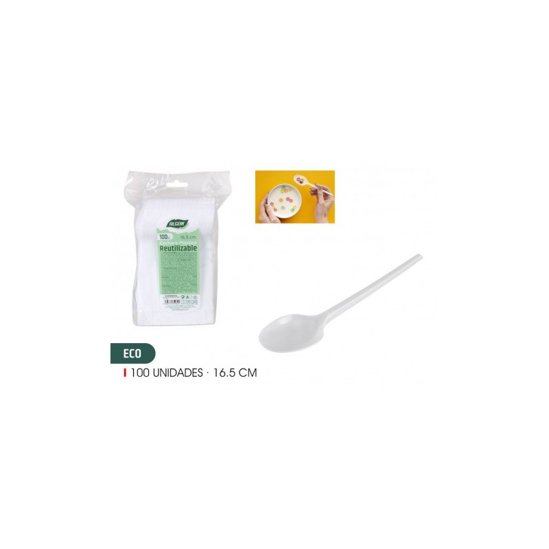 PACK 100 CUCHARAS PLASTICAS REUTILIZABLES BLANCAS ALGON