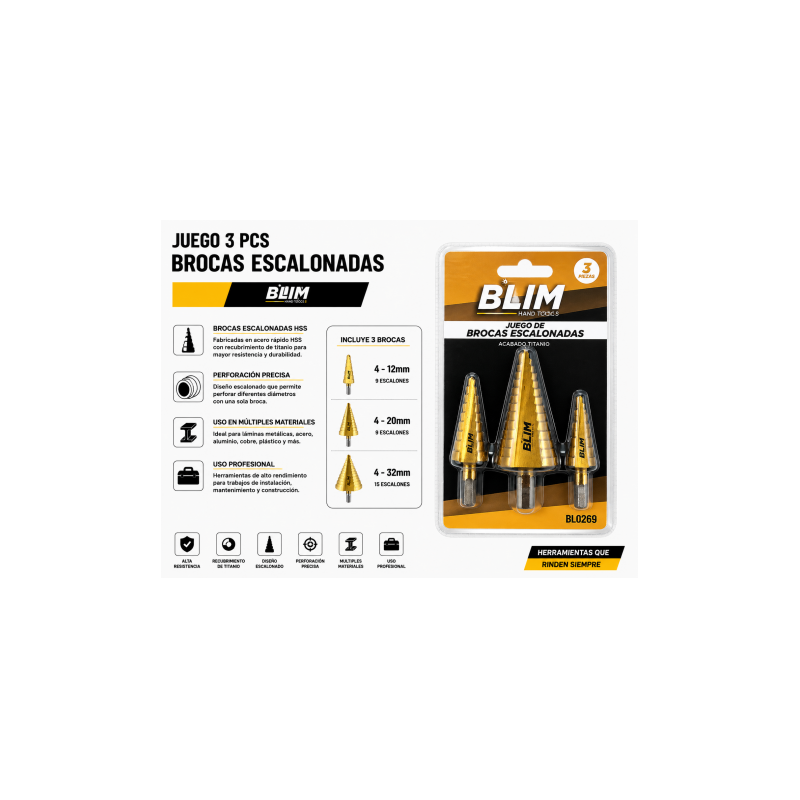 JUEGO 3 PCS BROCAS ESCALONADAS BLIM