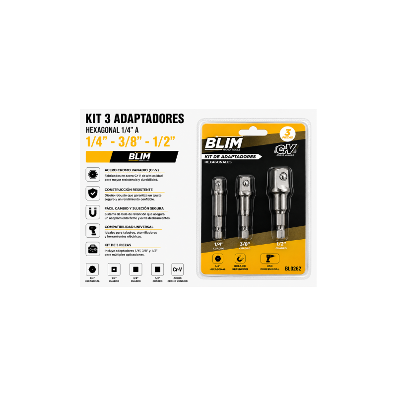 KIT 3 ADAPTADORES 1/4" HEXAGONAL A...