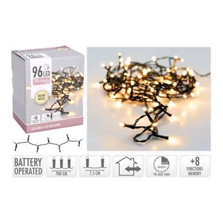 GUIRNALDA A PILAS MULTIFUNCION 96 LEDS CABLE NEGRO LUZ BLANCO CALIDO 7,5M