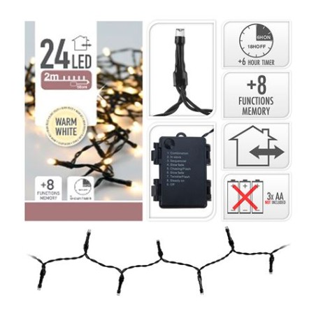 GUIRNALDA A PILAS MULTIFUNCION 24 LEDS CABLE NEGRO LUZ BLANCO CALIDO 2,30M