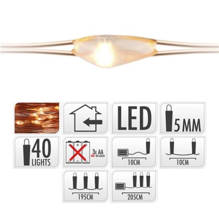 GUIRNALDA A PILAS FIJA 40 LEDS CABLE ALAMBRE COBRE LUZ BLANCO CALIDO 2,20M