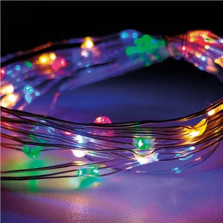 GUIRNALDA A PILAS FIJA 40 LEDS CABLE ALAMBRE PLATEADO LUZ MULTICOLOR 2,20M
