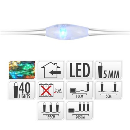 GUIRNALDA A PILAS FIJA 40 LEDS CABLE ALAMBRE PLATEADO LUZ MULTICOLOR 2,20M