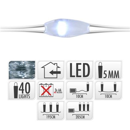 GUIRNALDA A PILAS FIJA 40 LEDS CABLE ALAMBRE PLATEADO LUZ BLANCO FRIO 2,20M