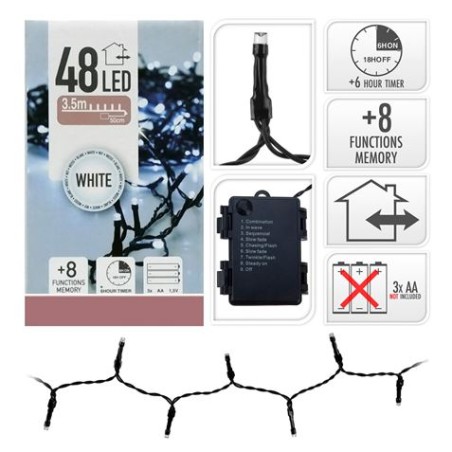 GUIRNALDA A PILAS MULTIFUNCION 48 LEDS CABLE VERDE LUZ BLANCO FRIO 4M