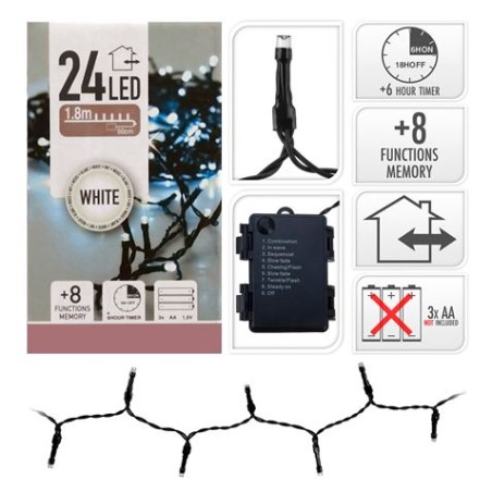 GUIRNALDA A PILAS MULTIFUNCION 24 LEDS CABLE VERDE LUZ BLANCO FRIO 2,30M