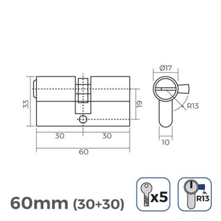BOMBIN NIQUEL 60MM 30+30MM LEVA CORTA CON LLAVE SEGURIDAD