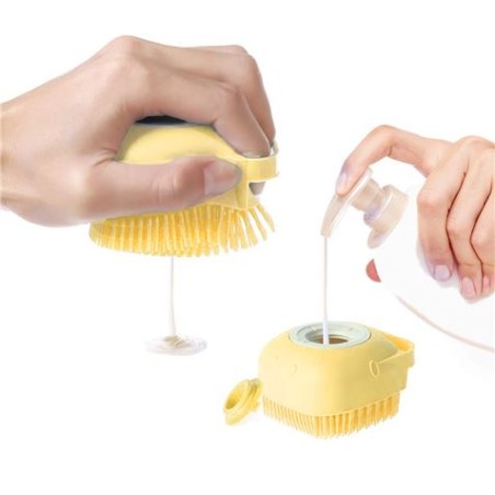 CEPILLO DISPENSADOR CHAMPU MASCOTAS AMARILLO