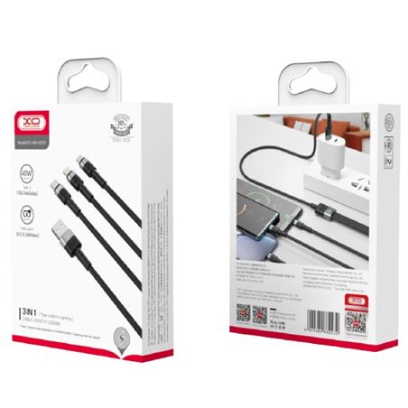 CABLE NBQ191 CARGA RAPIDA 40W 3 EN 1 | MICRO + TIPO C + LIGHTNING A USB XO - XONBQ191-2