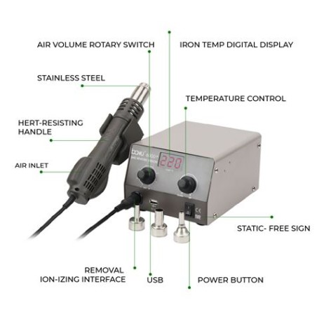 ESTACION DE TRABAJO CON PISTOLA DE AIRE CALIENTE 400W BAKU-600D+